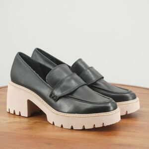 F#3 Dolce Vita Womens Halona Loafers Lug Chunky Block Heel Black Leather 8.5